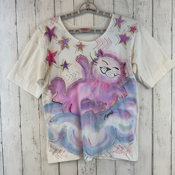 VTG Lacombe Wearable Art Handpainted Cat Clouds Stars Shirt Size Medium Signed - Picture 1 of 16